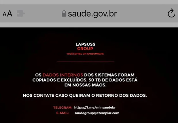 Site do Ministério da Saúde após ataque hacker