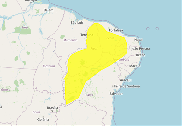 O alerta amarelo deve vigorar até esta quinta-feira (25)