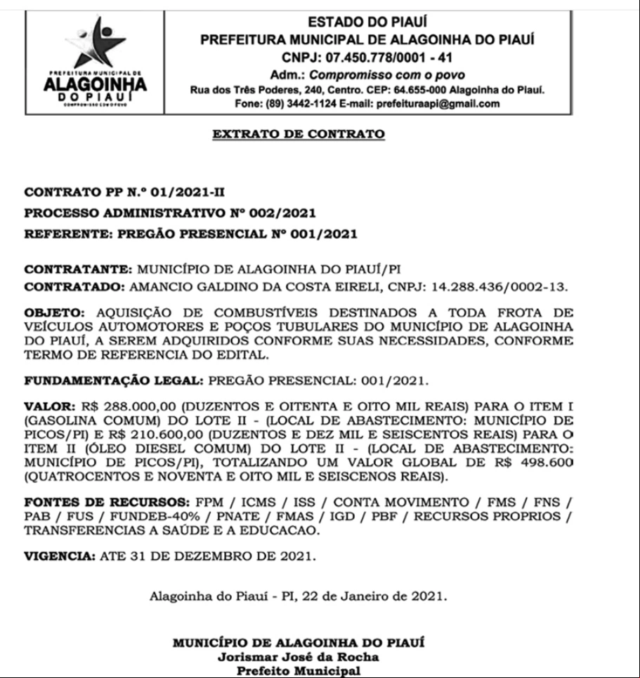 Contrato foi assinado pelo prefeito Jorismar Rocha