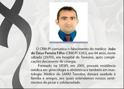 CRM lamenta morte de médico João de Deus Filho