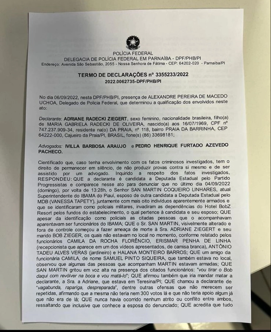 Depoimento de Adriane Ziegert à Polícia Federal