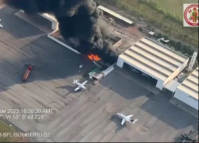 Duas pessoas morrem após avião cair e atingir hangar em Cuiabá