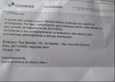 Telegrama enviado pela GM, de acordo com o Sindicato