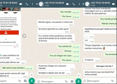 Prints da conversa entre a vítima e o criminoso que mostram a extorsão
