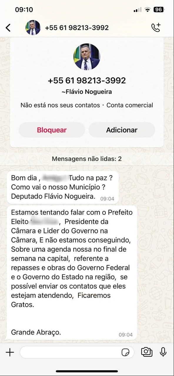 Criminosos criaram perfil falso do deputado federal Flávio Nogueira (PT-PI) no WhatsApp