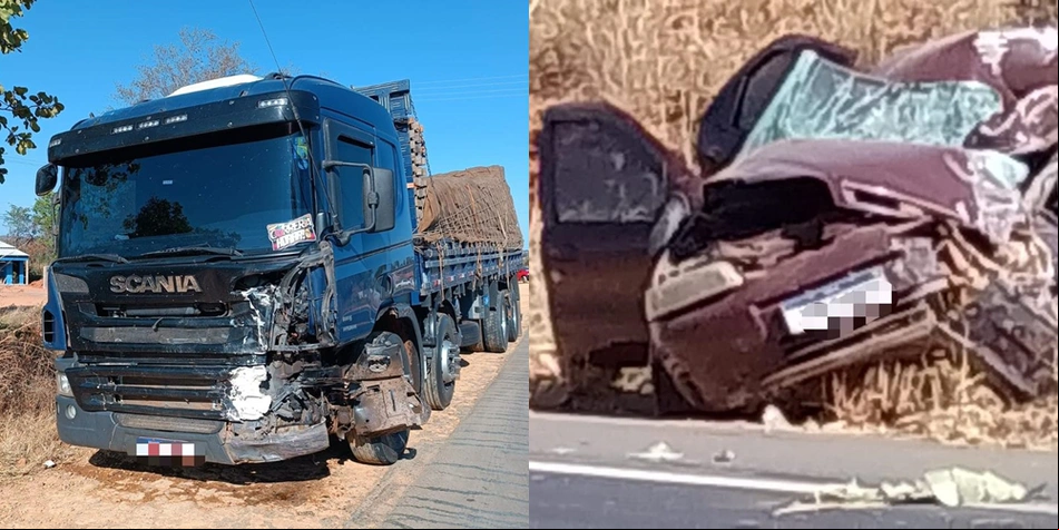 Fiat Palio ficou totalmente destruído após colidir contra carreta