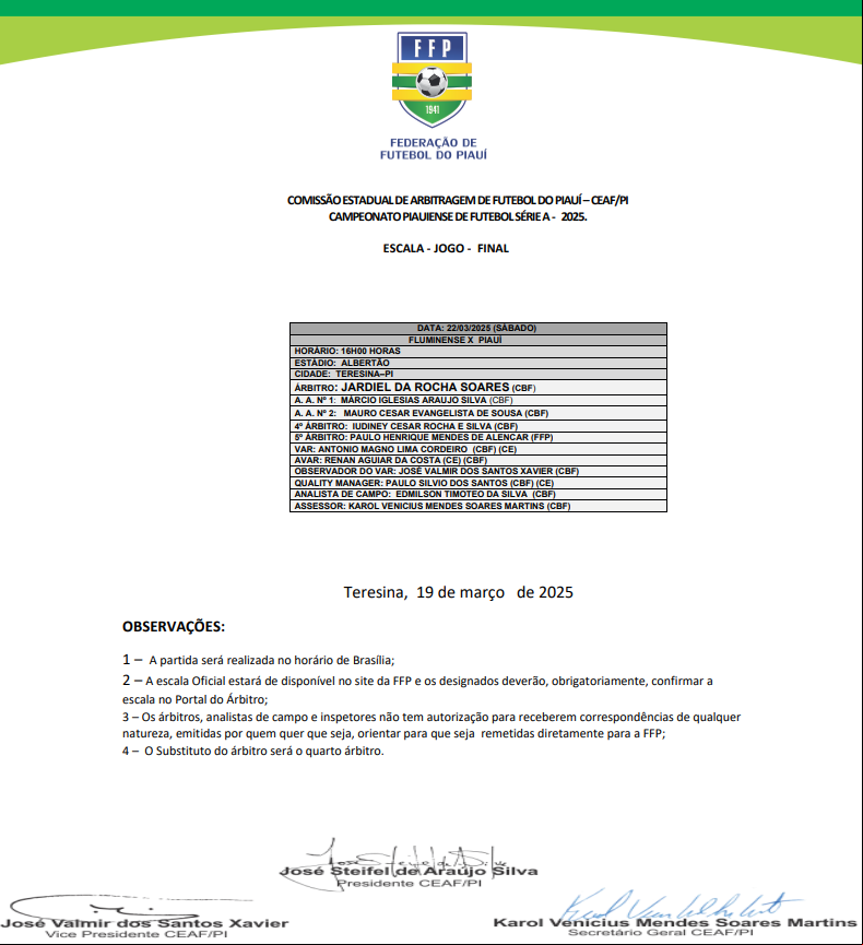 Confira o quadro de arbitragem e VAR da final do Piauiense 2025