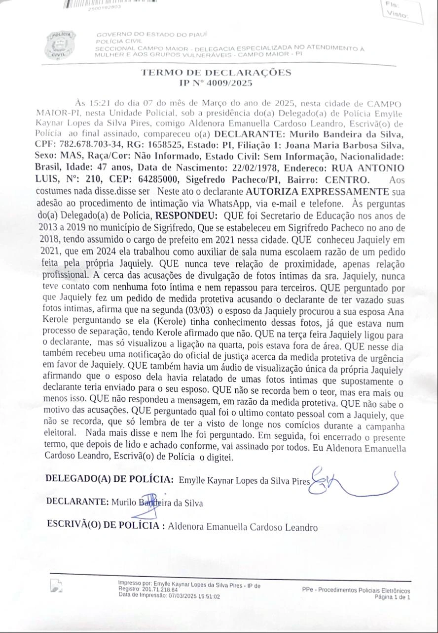 Depoimento do prefeito Murilo Bandeira