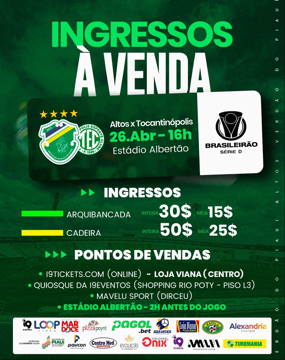 Confira os preços e locais de vendas dos ingressos do jogo entre Altos e Tocantinópolis