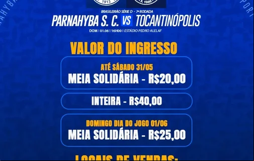 Confira os preços dos ingressos entre Parnahyba e Tocantinópolis