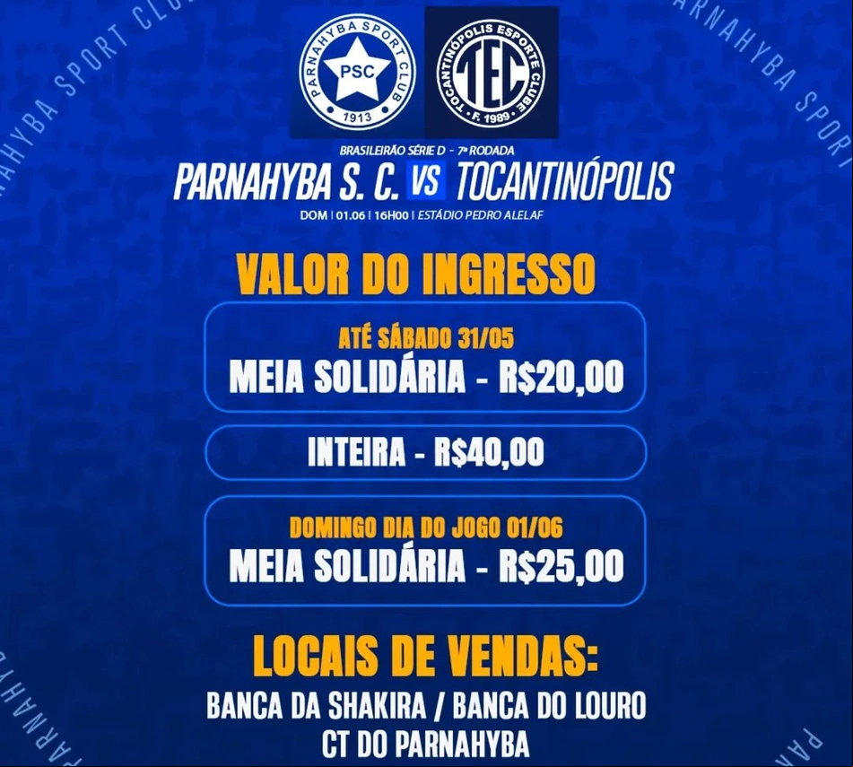 Confira os preços dos ingressos entre Parnahyba e Tocantinópolis