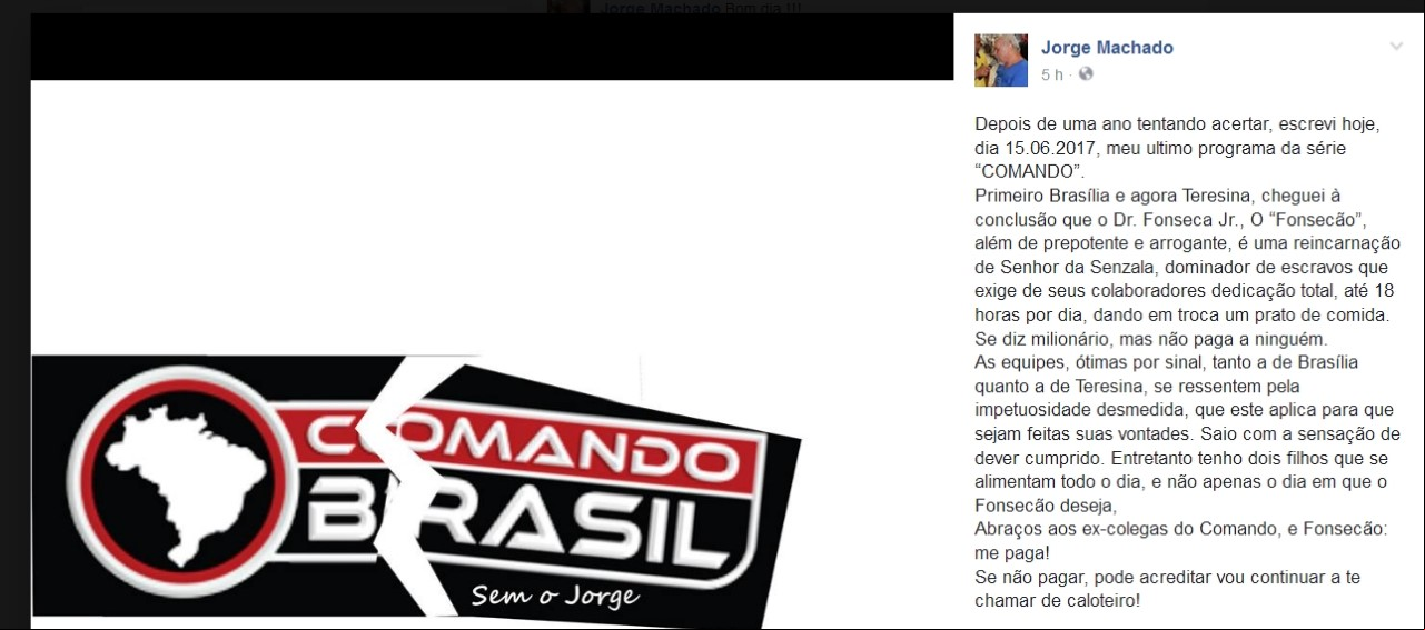 Jorge Machado faz desabafo no Facebook