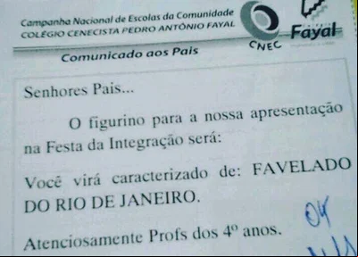 Escola pede para alunos se fantasiarem de favelados do Rio de Janeiro
