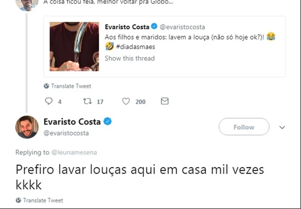 Evaristo responde comentário polêmico de seguidor no Twitter