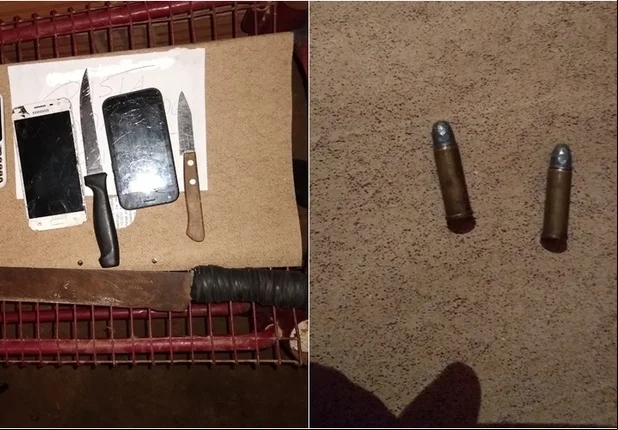 Celulares, armas brancas e cartuchos apreendidos