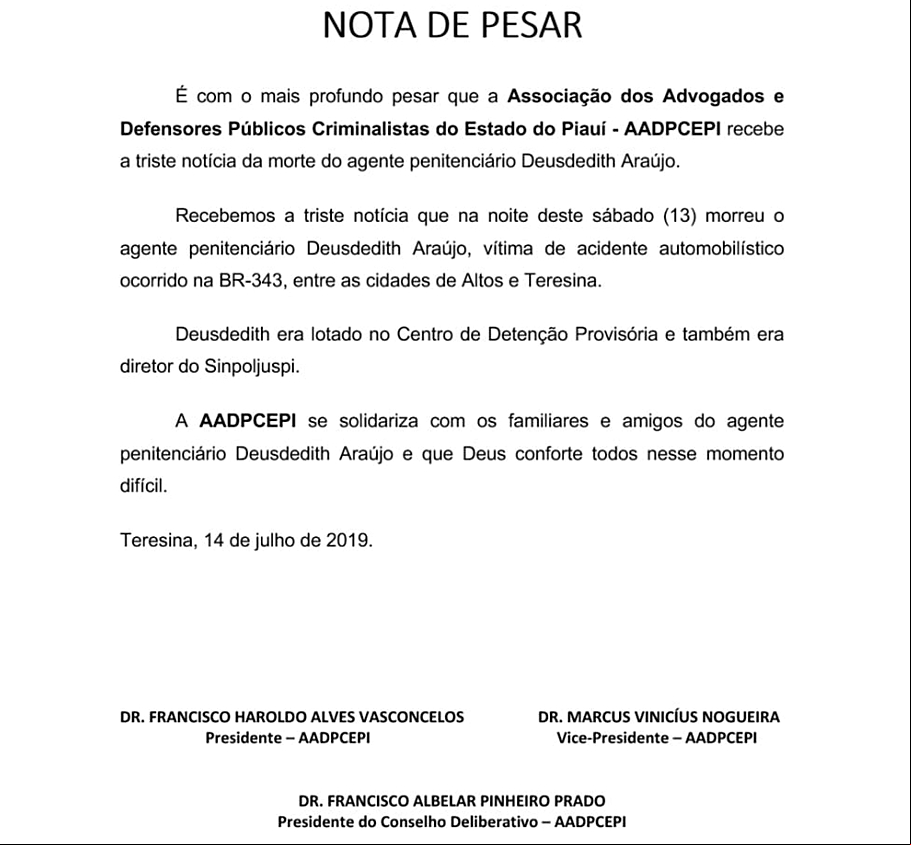 Nota de pesar da AADPCEPI